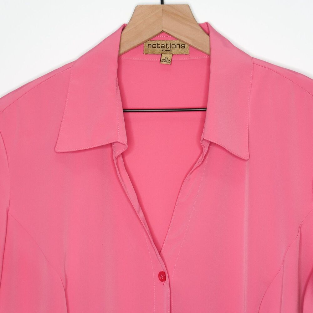 Notations Woman Satin Button Up Shirt Size 3X Pink Barbie Camp Office 90s Staple - Picture 5 of 7